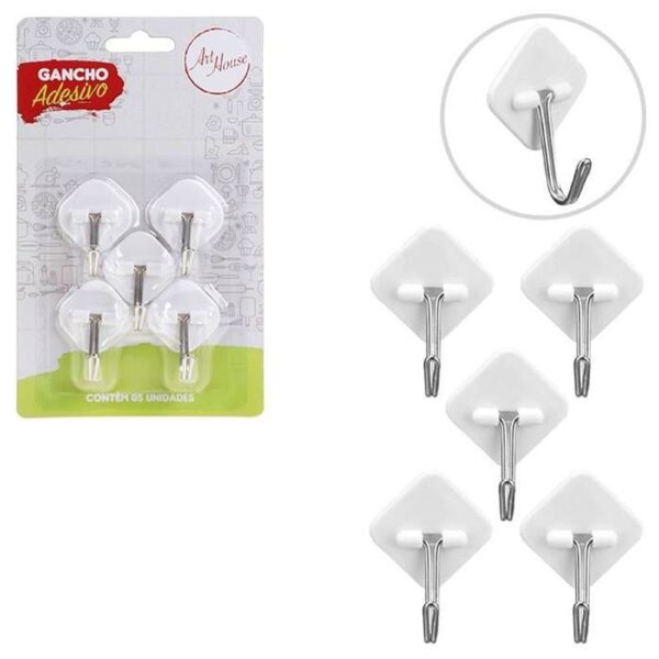 GANCHO ADESIVO PLASTICO LOSANGO 5PCS BRANCO ZEIN IMPORT