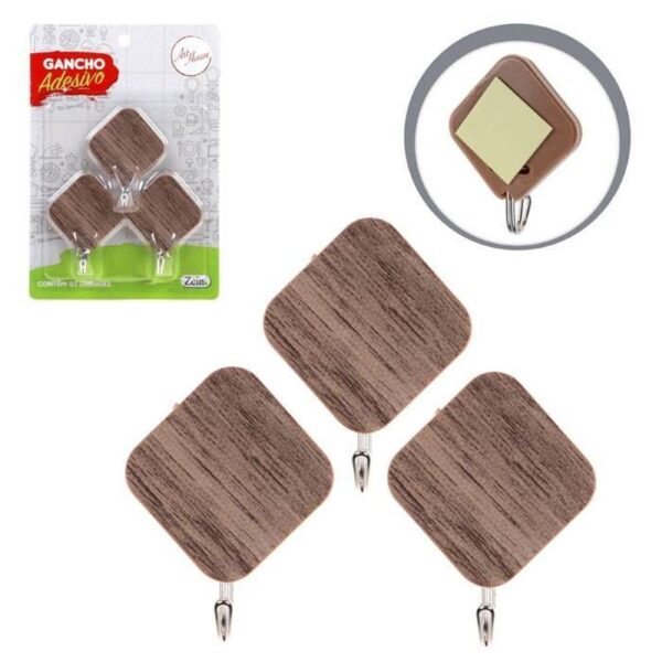 GANCHO ADESIVO MADEIRA LOSANGO 3PCS WOOD ZEIN IMPORT