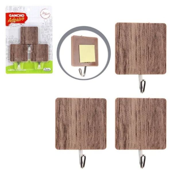 GANCHO ADESIVO MADEIRA QUADRADO 3PCS WOOD ZEIN IMPORT